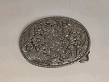 CHAMBERS PHOENIX SILVER PLATED WESTERN BELT BUCKLE FLOWERS VINTAGE MADE IN USA