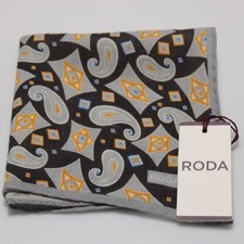 Roda NWT 100 Wool Pocket Square Gray / Black / Orange / Blue Geometric Paisley
