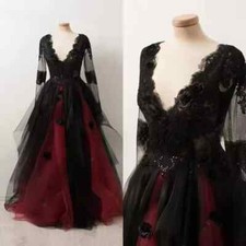 Gothic Black V Neck Wedding Dresses Lace Applique Long Sleeves Bridal Gowns