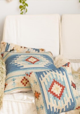 Naturkissen blau Wolle Baumwolle Kilim Kissen mit geometrischem Muster 2 Größen