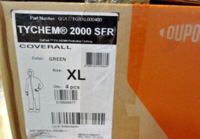 BOX OF 4 DUPONT TYCHEM 2000 SFR Protective COVERALLS /  GREEN / SIZE XL 