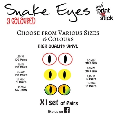 Snake EYES- Fishing Lure EYE sets Various Sizes & Colours
