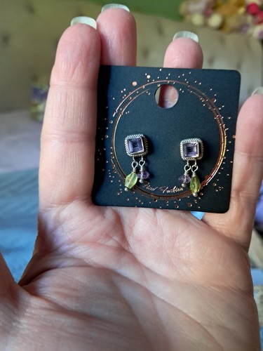Vintage Artisan Handmade Sterling Silver Amethyst & Prehnite Earrings
