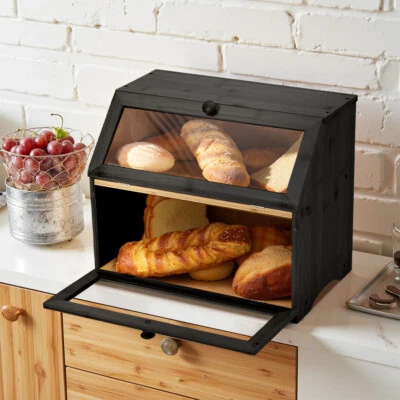 2 Tier Bamboo Bread Bin Double Layer Kitchen Storage Container Loaf Bread Box