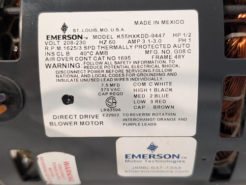 Emerson K55HXKDD-9447 Direct Drive Blower Motor G08C, 1/2HP, 1PH, 3.1-3.0A, 60Hz - Picture 3 of 12