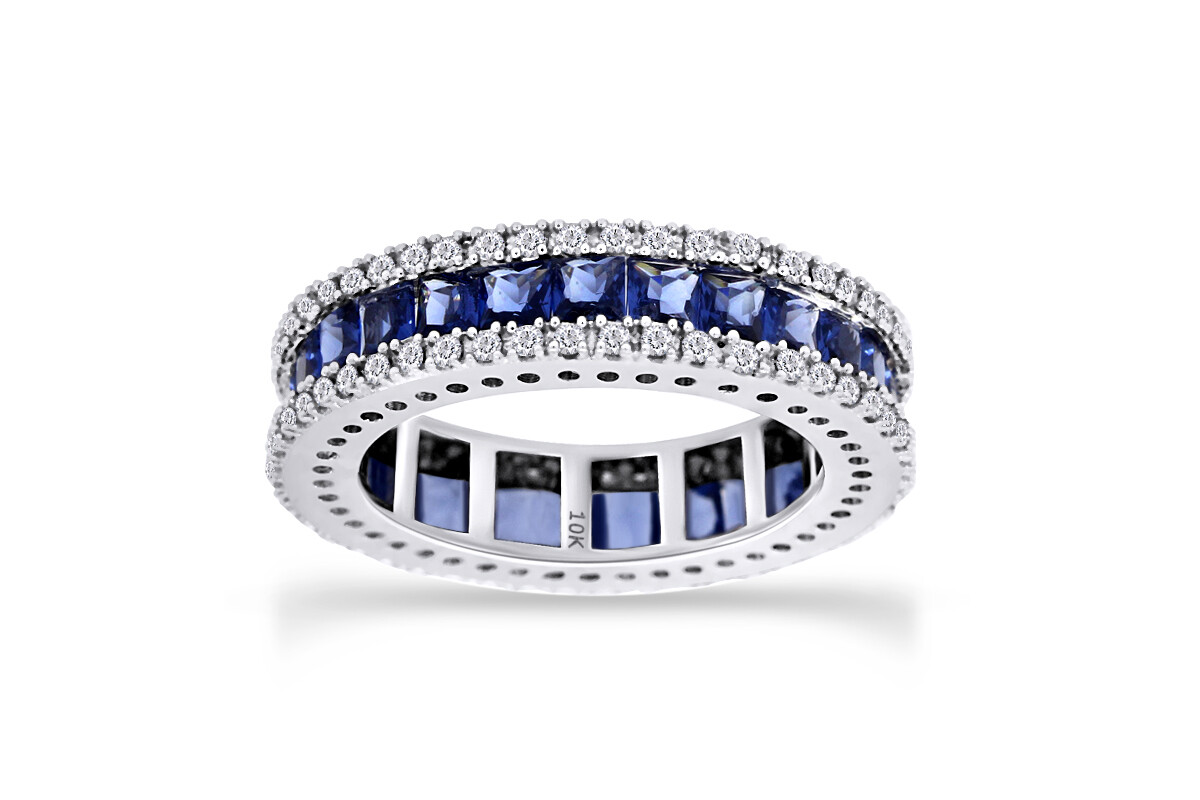 Eternity Wedding Band Ring Princess Simulated Sapphire & Round Topaz 10K Gold-image