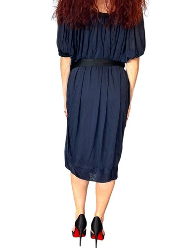 DONNA KARAN NEW YORK MADE ITALY NAVY SILK JERSEY DOLMAN BELTED BLOUSON DRESS P - Picture 9 of 13