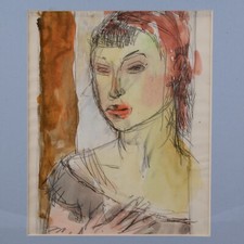 Drawing Watercolour Portrait Of Woman Pensive 20th Century Artist to Determine