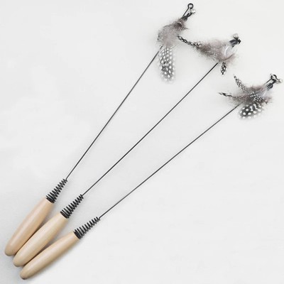 Wooden handle spring teasing cat stick pearl feather replacement head scratch-re