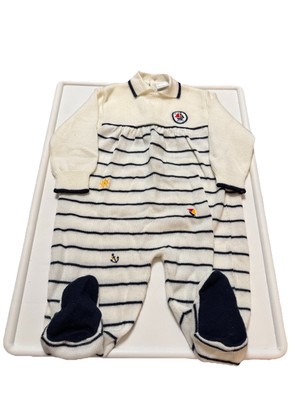 Vintage Baby Sailor Romper 6-9M Nautical Knit Footed One Piece Anchor Sailboat