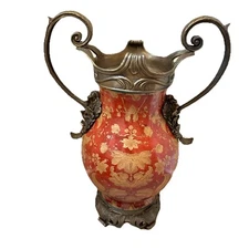 Wong Lee 1895 Porcelain Vase Bronze Handles Floral Red & Gold Tone Ornate 19" H