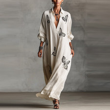 Boho Butterfly Print Kaftan Dress Ladies Long Sleeve Vacation Cover Up Sundress