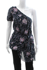 Love Shack Fancy Womens Black Silk Floral Tunic Blouse Short Sleeve Size S