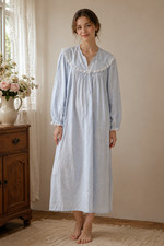 NWT Lanz of Salzburg Maxi Length Nightgown Pajama Blue Floral Flannel Cotton L
