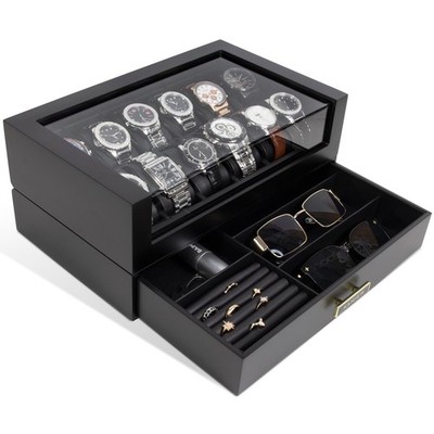 High End Watch Box for Men, 12 Slot Wooden Watch Case With Drawer, Watch Disp...