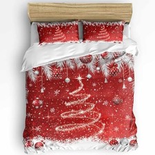 Red Christmas Tree 3 Pieces Bedding Set Size, Snowflake Xmas Queen Red White