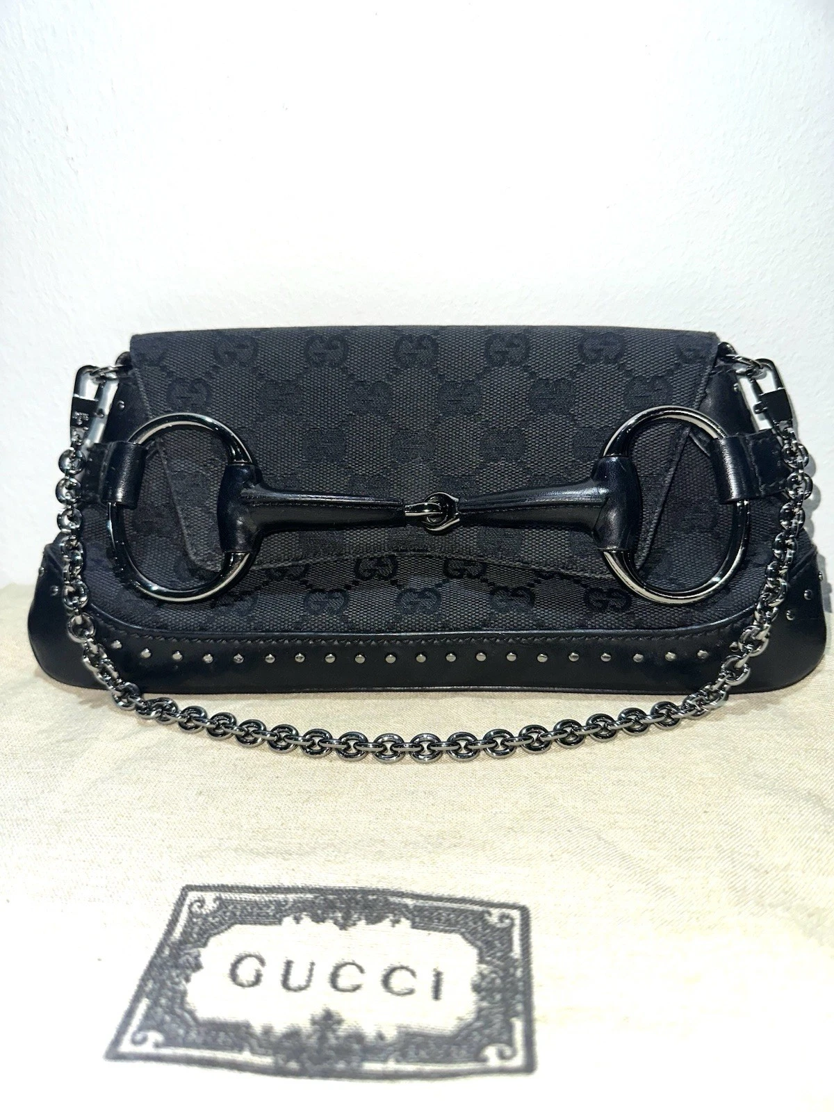 Tom Ford — Gucci Tom Ford Horsebit Clutch Vintage Studded GG Monogram Bag Black Silver