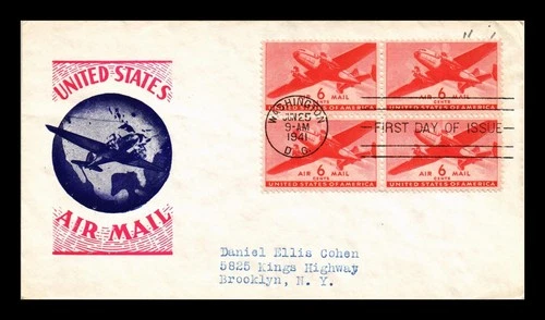 US COVER AIR MAIL 6C FIRST DAY ISSUE SCOTT C25 BLOCK OF 4 IOOR CACHET