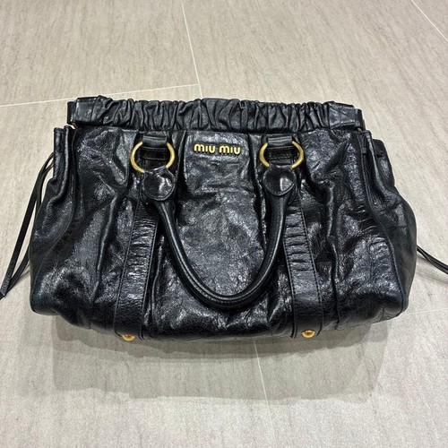MIU MIU Vitello Lux Leather Handbag Black Gold Gathered Top Handle Bag Y2K