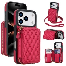 For iPhone 17 16 Pro Max 15 14 13 12 11 Card Wallet Holder Case Crossbody Strap