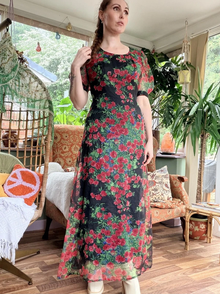 vera mont evening dresses 1970s Maxi Dress VERA MONT Paris, Psychedelic, Evening Dress S, Puff Sleeves, Long Dress Black Multicolored, Figure-hugging, Stand-up Collar