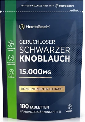 HORBÄACH Schwarzer Knoblauch 15.000mg | 180 Vegane Knoblauchtabletten | Hochdosiert