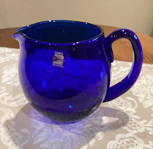 Vintage Blenko Round Pitcher Cobalt Blue Hand Blown Glass 5.5” Tall EUC