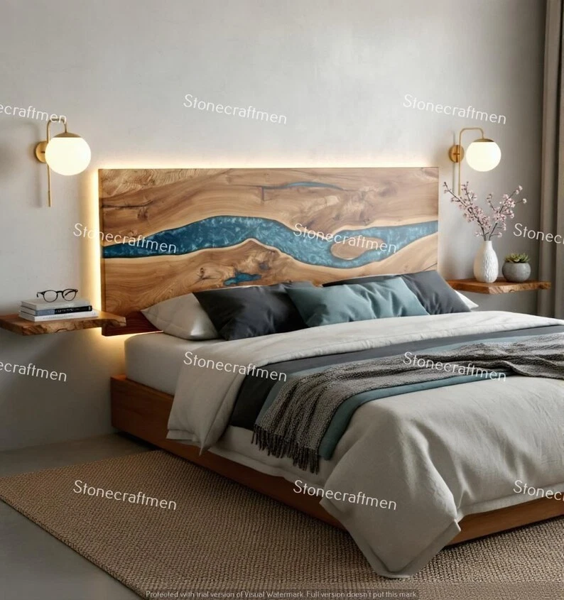 Handmade Epoxy River Headboard | Solid Wood Rustic Modern Decor - Image 4 of 4