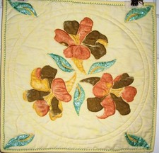 Painted Lillie Wall Hanging Art Quilt 15" by 15 " Cotton Yellow Handmade