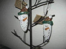 2 Hanna's Handiworks Ceramic Snowman Ornaments NWT 4.75" w 7" Hang Length