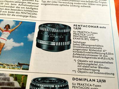 RARE! Pentaconar 1.8/50 Lens Including Brochure Text.German - Classic Camera DD