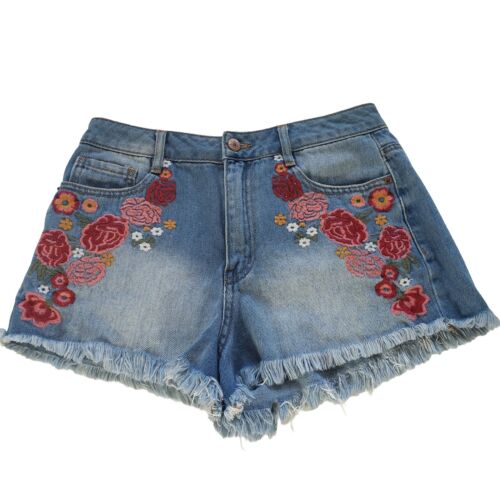 Forever 21  Embroidered Rose Floral Cut Off Jean Denim Shorts Womens Size 27 M - Picture 1 of 8