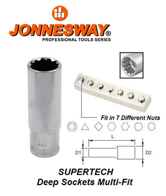Jonnesway 1/2'' Drive DEEP Sockets MULTI-FIT In 7 Different Nuts Metrics,SAE,TORX