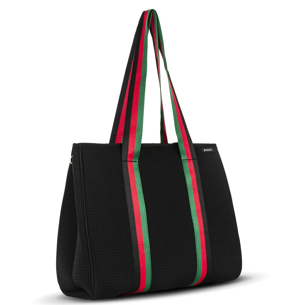 Black Red Green Punch Neoprene Tote Bag Handbag With Featured Straps