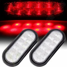2x 6" Oval Stop Turn Tail Light Clear Lens Red 10 LED Trailer Truck side marker