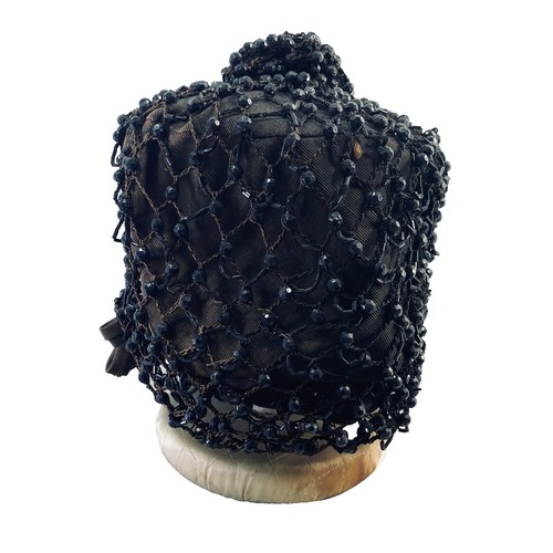 Vintage 50s Womens Size 23 Felt Wool Fishnet Lace Calot Hat Cap Black USA Vintage 50s Womens Size 23 Felt Fishnet Lace Beaded Calot  main image 4