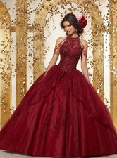 Sangria Quinceañera Dress with Tulle skirt with sequins/beads, back out/corset