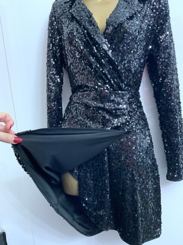 GEORGE LADIES BLACK SEQUIN SPARKLY PARTY DRESS SIZE 10 LONG SLEEVED WRAP FRONT - Picture 10 of 10