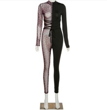 Women Patchwork Lace UP Turtleneck Plaid High Waist Slim Club wear Jumpsuit H