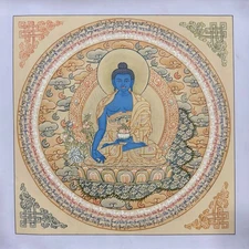 Medicine Buddha Mandala, Handmade Sacred Thangka Painting, Healing Buddha