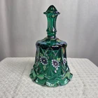 Fenton Spruce Green Carnival glass Bell hand painted  purple/white flowers