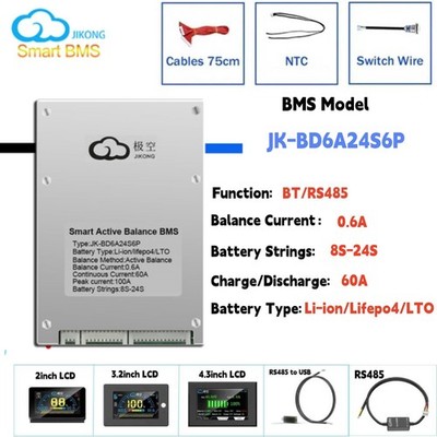 JK Smart BMS 8S-24S 60A Li-ion LiFePo4 BMS with 0.6A Active Balance BT/RS485 lot