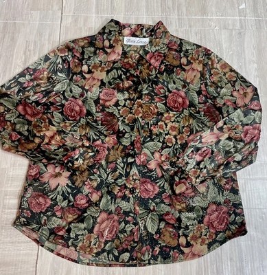 Gloria Lance Blouse Womens Size M Button Floral Red Black Gold Accent