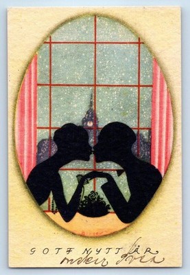 New Year Romance Couple Kissing Silhouette Winter Scene Tiny Sweden Postcard