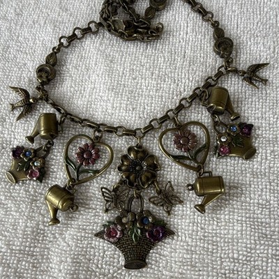 Vintage Style Garden Charm Necklace 18  Watering Can Flowers Birds Ladybug
