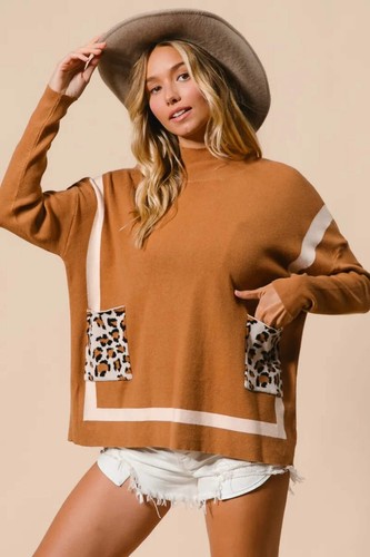 BiBi Mock Neck Leopardenmuster Fronttaschen Langarm Pullover Sweater | Camel