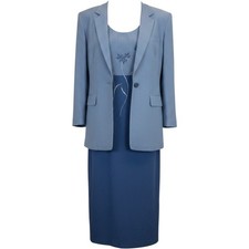 Vintage Periwinkle Blue Suit Set Floral Embroidered 2 Piece Blazer Dress Size 12