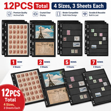 12PCS Stamp Album Pages 9 Hole Binder Sheets 1/2/5/7 Pocket Collector Refill Set