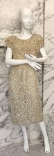 Vintage Laurence Kazar Paris II Nude Gold Sequin Pearl Beaded Cocktail Dress M