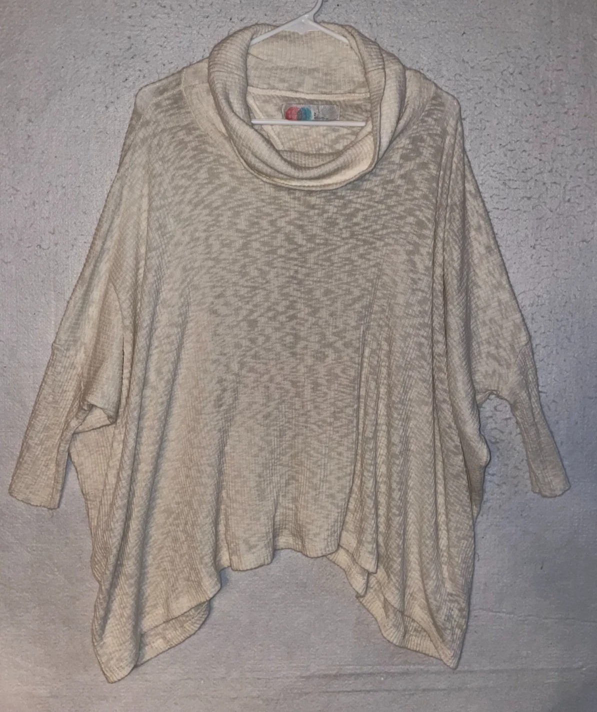 Free People FP Beach Cowl Neck Poncho Hoodie sz L Cream Oversized Waffle knit